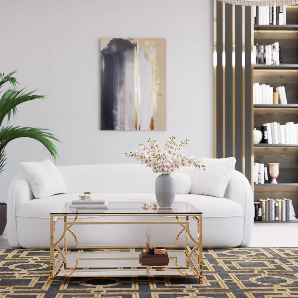 American Home Classic Edward Square Metal and Glass Coffee Table in Polish Gold