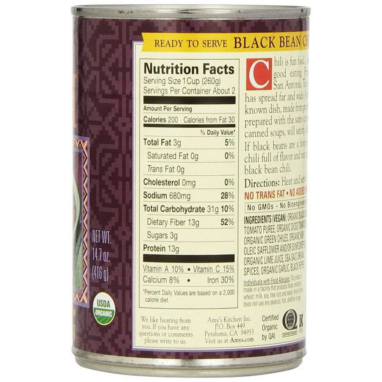 Amy's Organic Chili Low Fat Medium Black Bean 12 oz Pack of 4