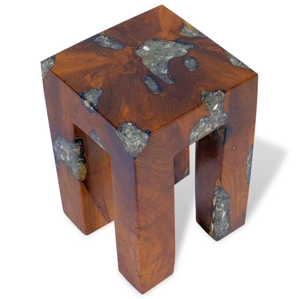 Dcenta Stool Teak Wood and Resin Footrest Wooden Side Table for Living Room, Bedroom, Home Furniture 11.8 x 11.8 x 15.7 Inches (L x W x H)