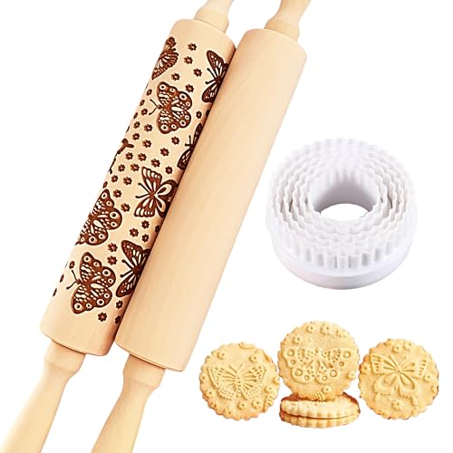 Wooden embossed Rolling Pins for Christmas Baking, cosybeau Embossing Rolling Pin Kitchen Decor Tools for Thanksgiving Baking Cookies with Butterfly Pattern (Embossed Butterfly + Smooth)