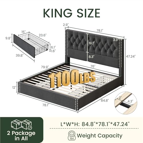 King Size Bed Frame with 4 Storage Drawers and Tufted Headboard Linen Upholstered Platform Bed Frame with Heavy Duty Wood Slats, No Box Spring Needed, Easy Assembly, Beige