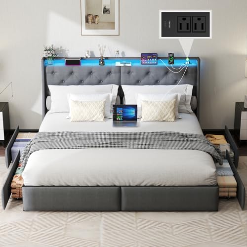 Queen Bed Frame with 2 Storage Drawers, Platform Bed Frame Queen Size with LED Light, Upholstered Headboard, Charging Station, Steel Slat Support, No Box Spring Needed, Noise-Free, Easy Assembly, Gray