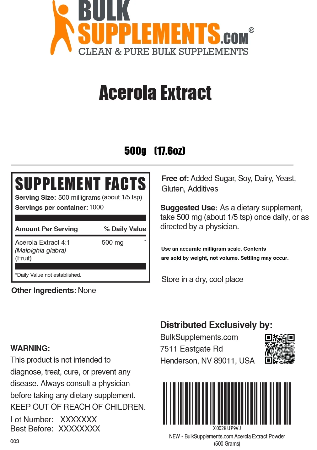 BulkSupplements.com Acerola Extract Powder, 500mg - Vitamin C - Immune Support (500g - 1.1 lbs)
