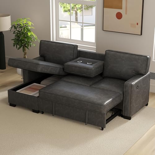 Convertible Sleeper Sofa 3 in 1, Chenille Modern L-Shaped Couches for Living Room, Pull Out Sectional Futon Sofa Bed with Storage Space, USB Ports and Cup Holders for Bedroom, Grey