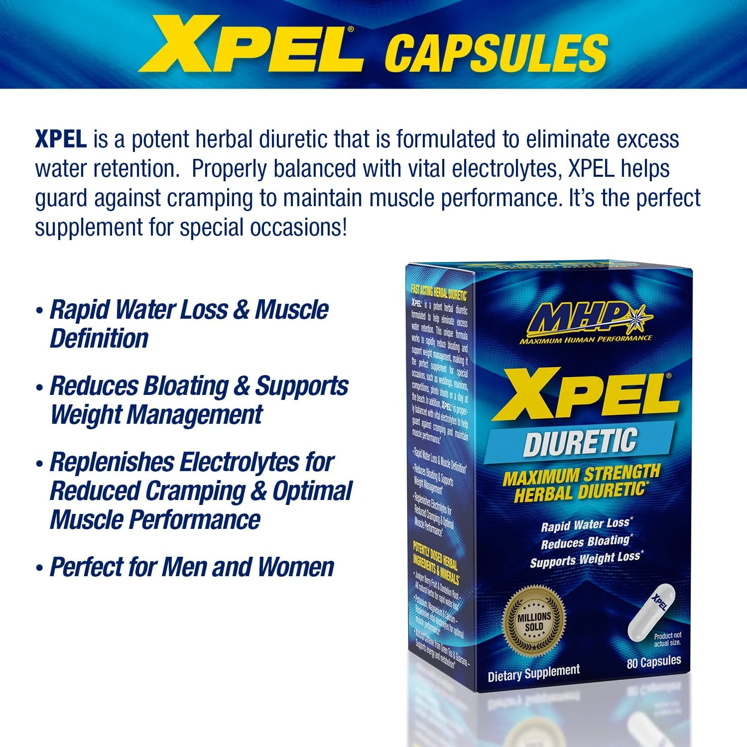 MHP Xpel Maximum Strength Diuretic Water Pills, for Water Retention Relief, Weight loss Support, with Vitamin B-6 Potassium Dandelion Root, 80 Capsules