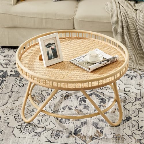 FINECASA Round Rattan Coffee Table, 32'' Wicker Boho Hand-Woven Top, Modern Unique Farmhouse Tray Top Center Table for Living Room Apartment Small Space, Natural Rattan