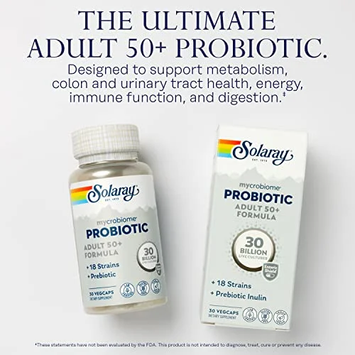 SOLARAY Mycrobiome Probiotic Adult 50 Plus Formula, Probiotics for Women and Men, Healthy Digestion, Metabolism, Energy, Colon and Urinary Tract Support, 30 Billion CFU, 30 Servings, 30 VegCaps