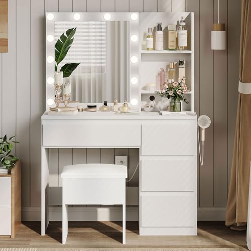Vanity Desk with Mirror and 12 LED Lights, Makeup Vanity Table with Charging Station, 4 Drawers and Hairdryer Holder, Padded Stool with Storage, White