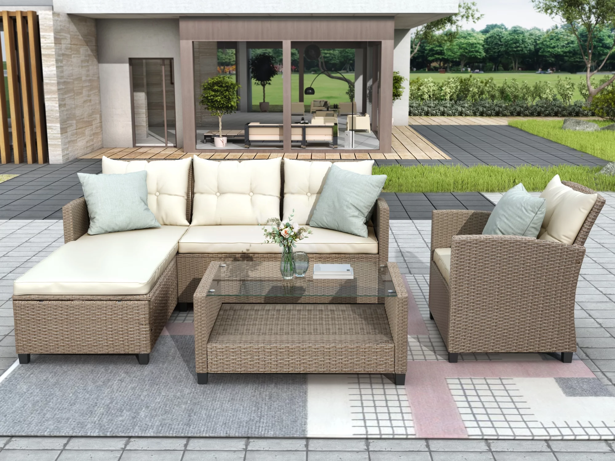 Dcenta Living room, Outdoor, Patio Furniture Sets, 4 Piece Conversation Set Wicker Rattan Sectional Sofa with Seat Cushions, Beige Brown