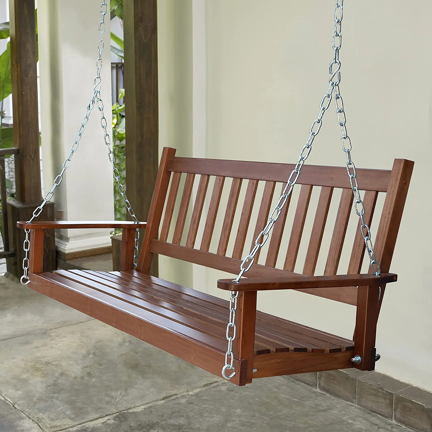 Outdoor Patio Hanging Wooden Porch Swing 5FT with Chains, 3-Person Heavy Duty Swing Bench for Garden and Backyard, Wood Brown