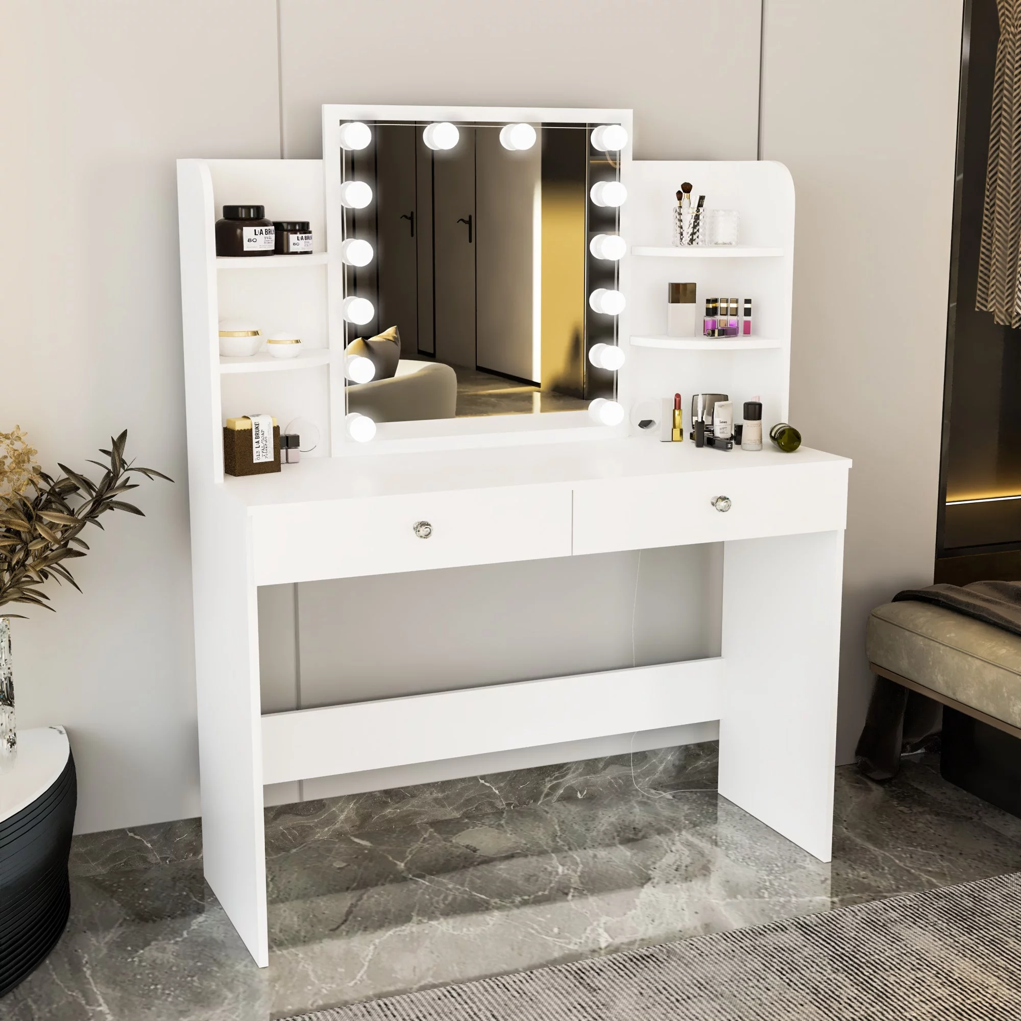 Boahaus Sophie Modern Vanity Table, Lights Crystal Ball Knobs Mirror, White Painted for Bedroom