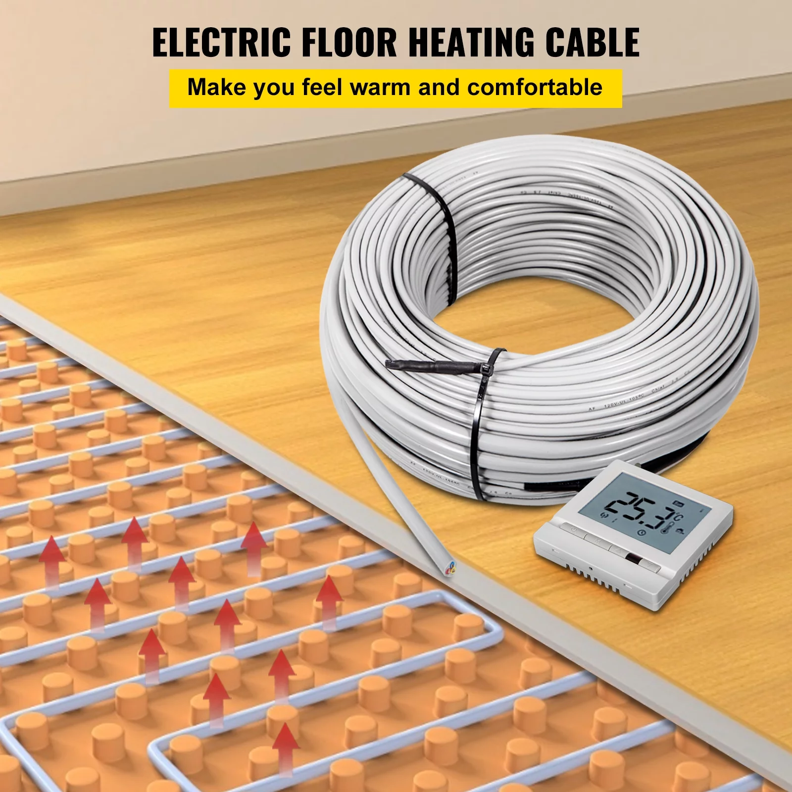 VEVOR Floor Heating Cable 21.4 Square Feet Durable Floor Tile Heat Cable, Waterproof and Insulated, with Convenient Temperature Control Panel, Rapid Heating Cable Under Floor w/No Noise or Radiation