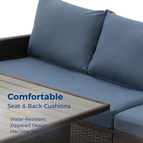 Wisteria Lane Outdoor Patio Furniture Set, 7 Piece Outdoor Dining Sectional Sofa with Dining Table and Chair, All Weather Wicker Conversation Set with Ottoman,Blue