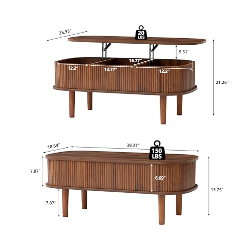 Fluted Lift Top Coffee Table with Hidden Compartment, Fully Assembled Wooden Center Table, Modern Oval Lift Tabletop for Home Living Room Office, Natural