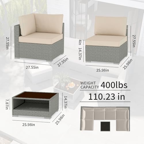 Aluminum Outdoor Sofa,4 Seats Modern Patio Furniture Set,Sectional Sofa Conversation Set with Coffee Table, Upgraded Washable Cushions for Garden Backyard,Grey
