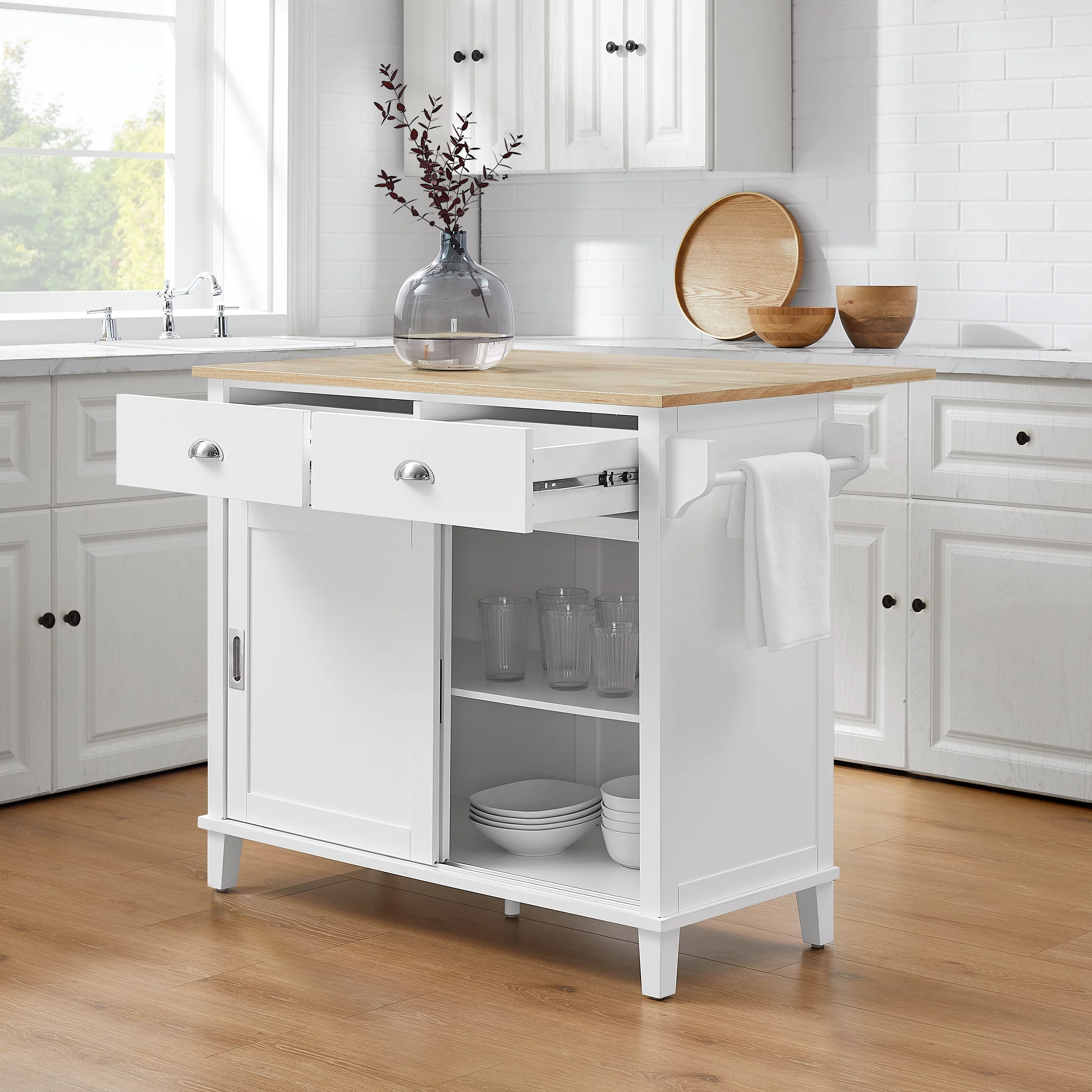Cora Drop Leaf Kitchen Island White/Natural