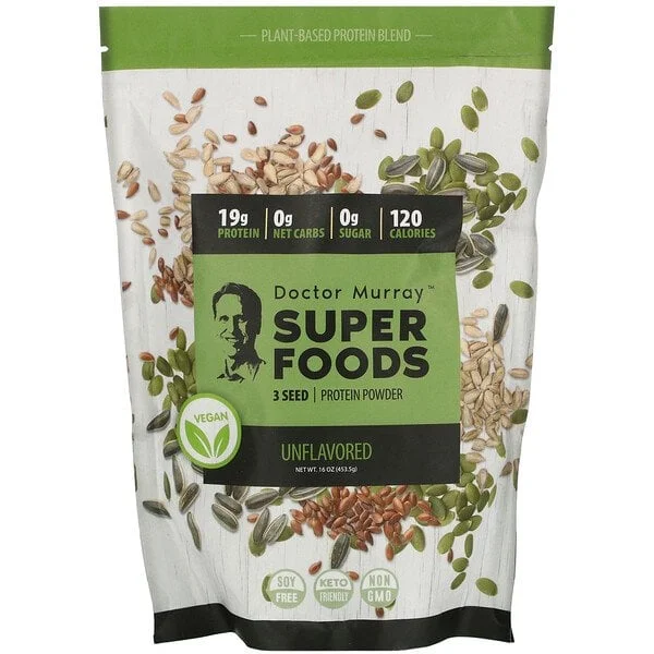 Dr. Murray's, Super Foods, 3 Seed Vegan Protein Powder, Unflavored, 16 oz Pack of 3