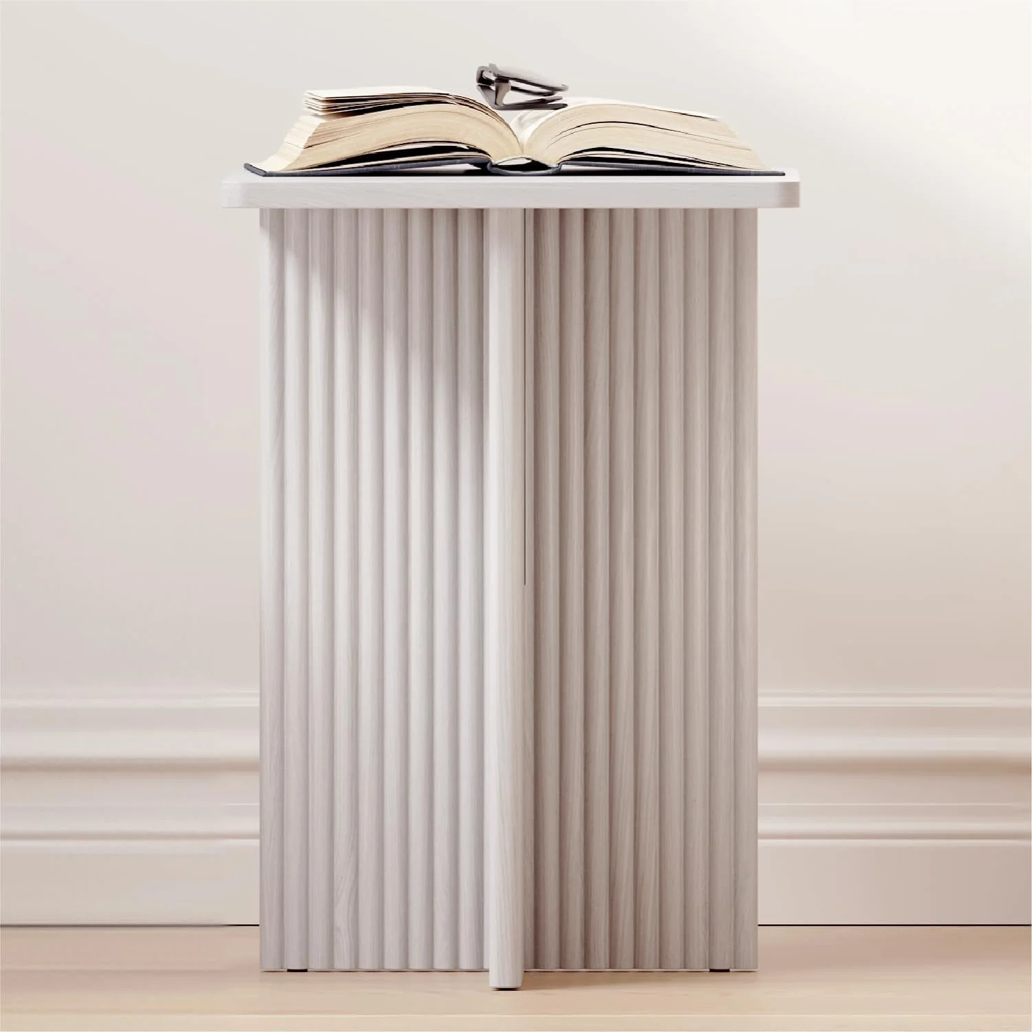 Square Fluted Accent Side Table - Small Drink Table - Living Room Furniture - Modern Home and Bedroom Decor - Pedestal Side Table with a Solid Oak Base (Medium Oak)