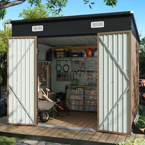 Aoxun 6x3.9 FT Shed with Base Metal Outdoor Storage Shed Garden Shed with Lockable Doors Tool Shed Bike Shed for Backyard, Patio, Poolside (Brown)