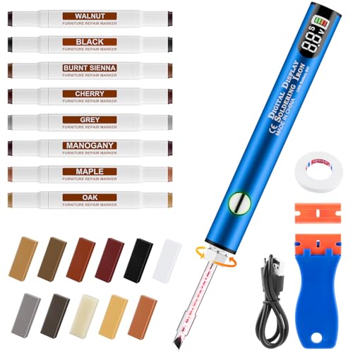 Laminate Wood Floor Repair Kit, Wax Melting Tool with Display, Hard Wax Filler, Marker Pen, Furniture and Countertop Repair Set,Blue