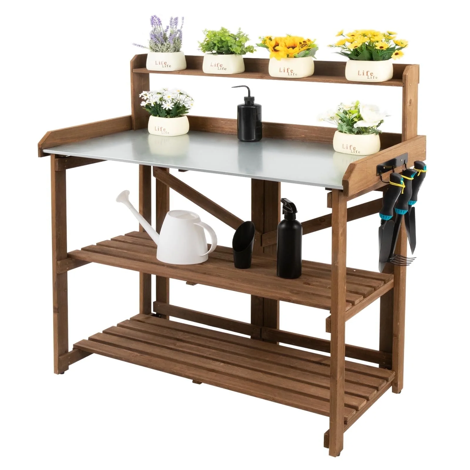 PETSCOSSET Folding Potting Bench Table Outdoor Potting Bench Garden Wooden Potting Table,Fir Wood Workstation Planting Table with Galvanized Tabletop 2 Tier Storage Shelves,Top Shelf