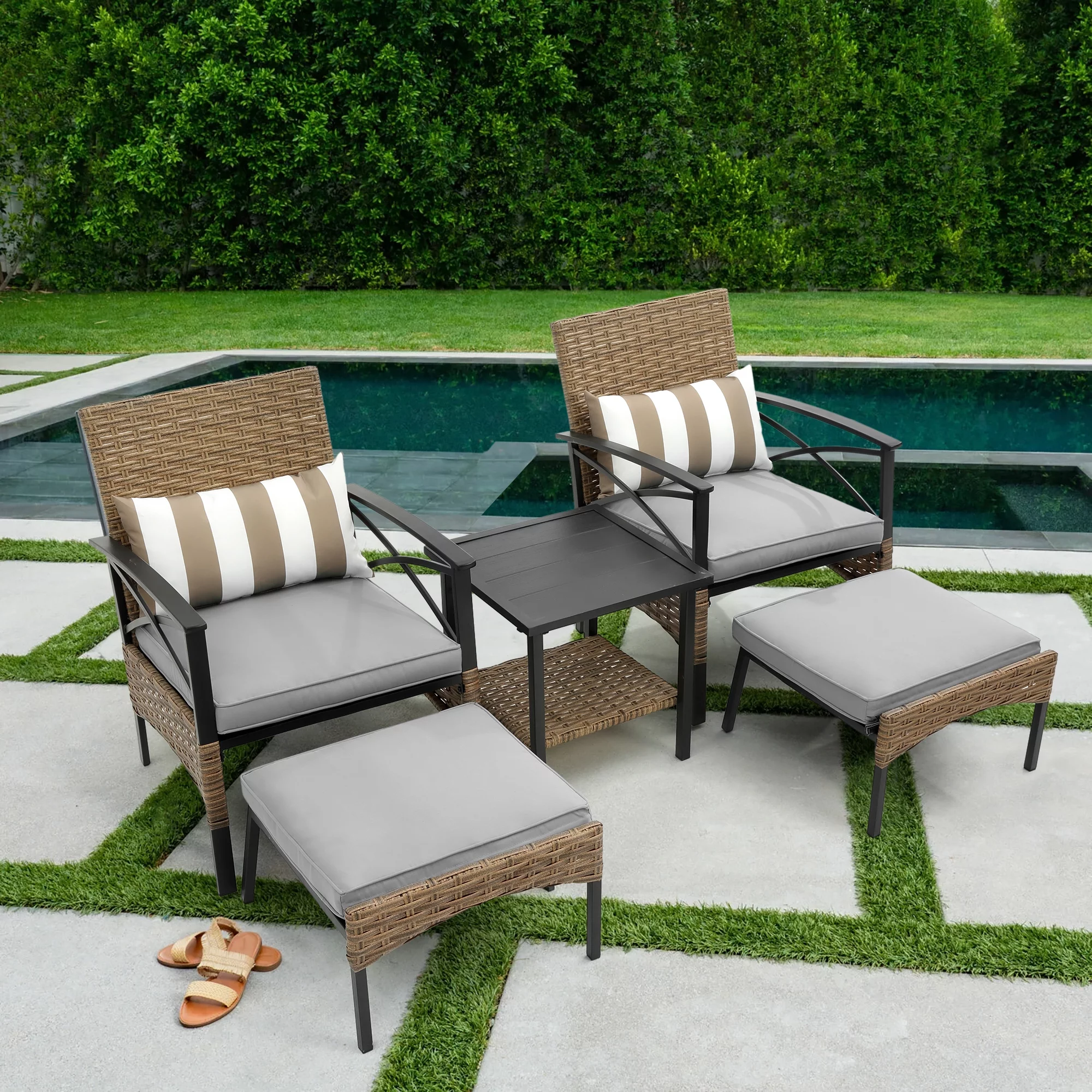 Sesslife 5 Piece Patio Furniture Set, All Weather PE Wicker Conversation Chairs and Ottomans Set with Coffee Table, Outdoor Cushioned Sectional Furniture Set for Backyard Garden Poolside Deck (Gray)