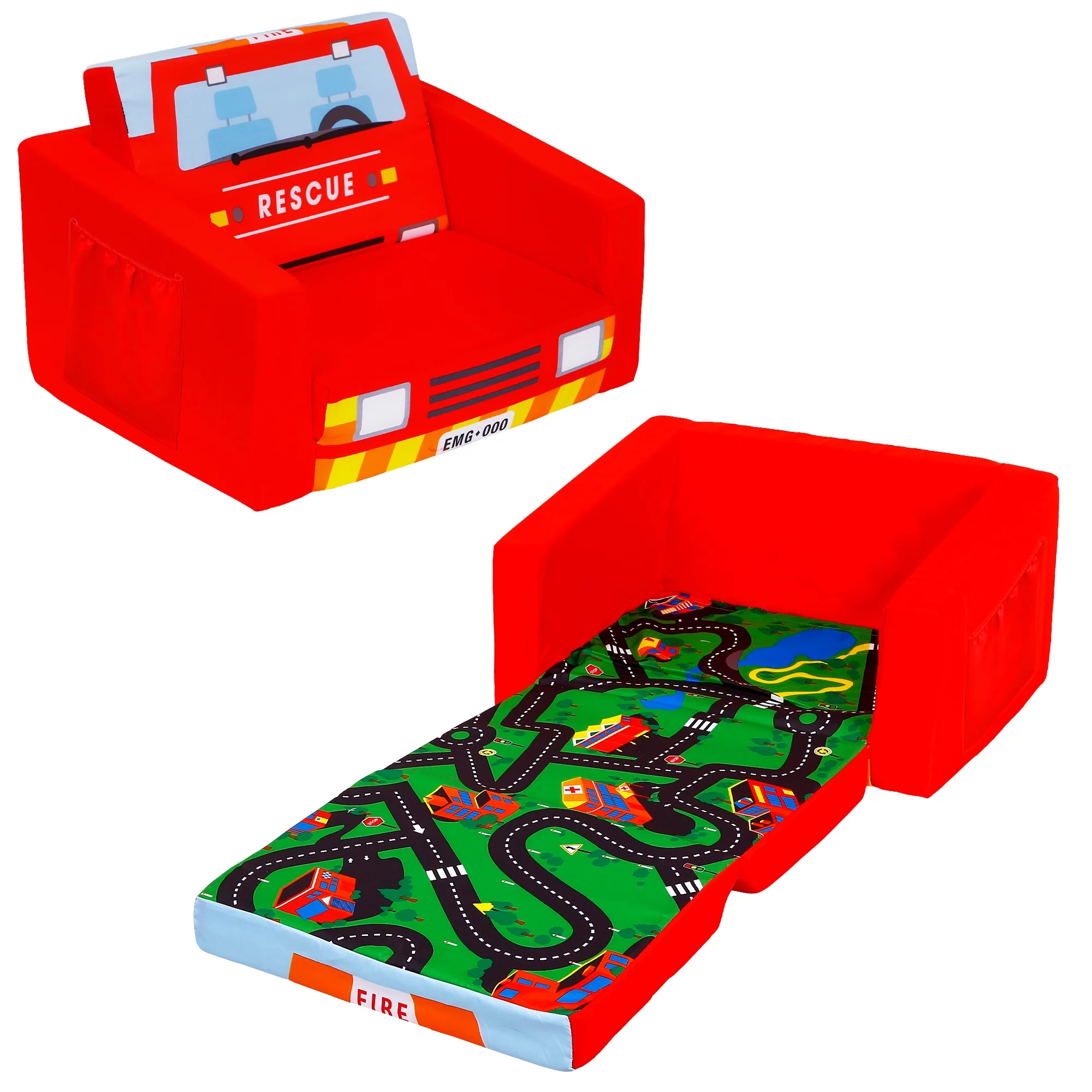 Kids Sofas Children's Sofa Bed Baby's Upholstered Couch Sleepover Chair Flipout Open Recliner(Red/Fire Truck)