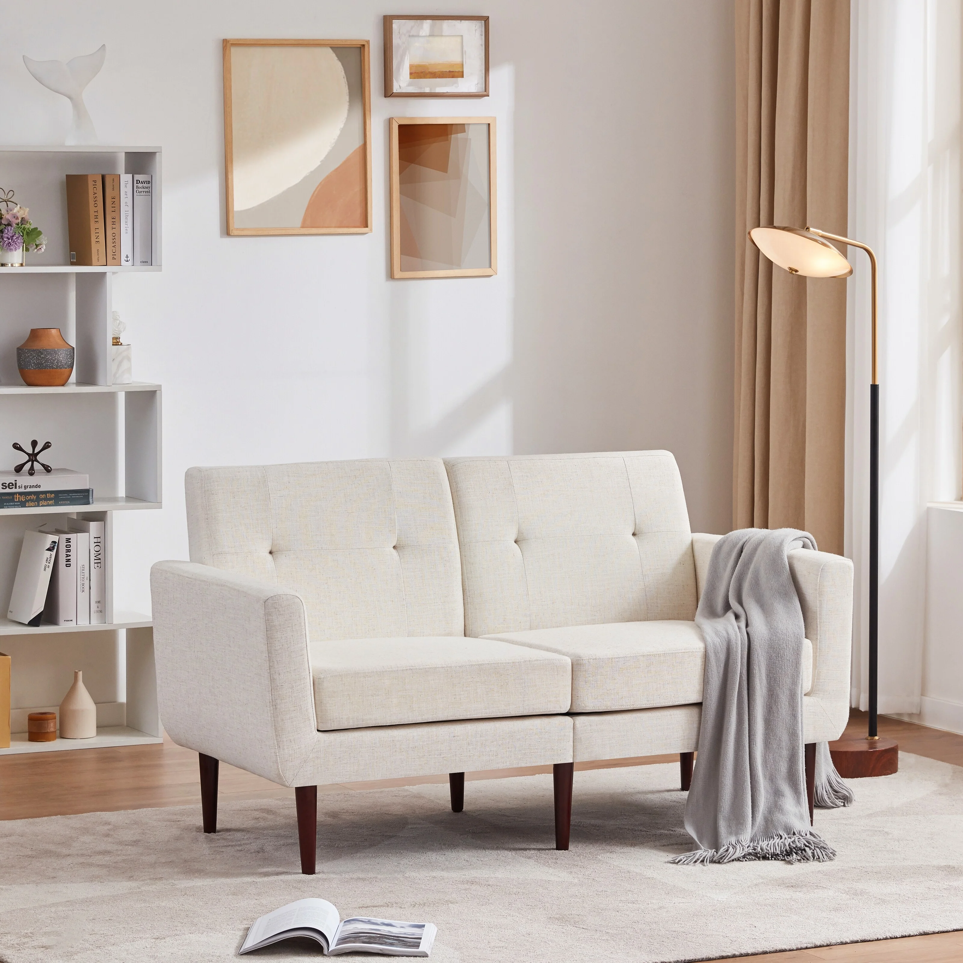 HUIMO Loveseat, Modern Small Couch with Button Tufted Upholstered Fabric Sofa Blue/ Ivory/ Grey Ivory