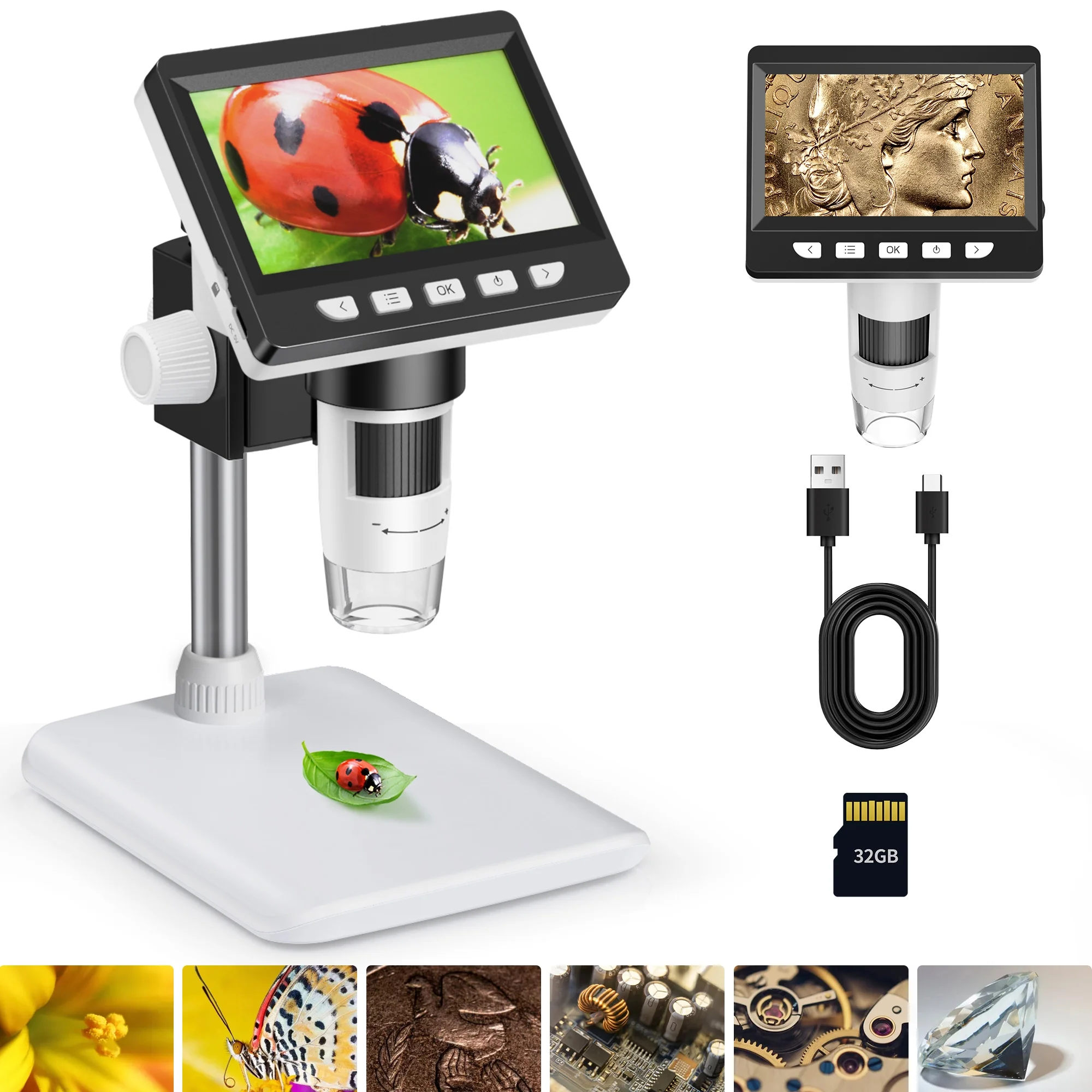 Digital Microscope, Ruaiok 4.3 Inch IPS Screen 1-1000X Magnification Zoom Coin Microscope with 8 Adjustable LED Lights,10MP Camera Video Recorder
