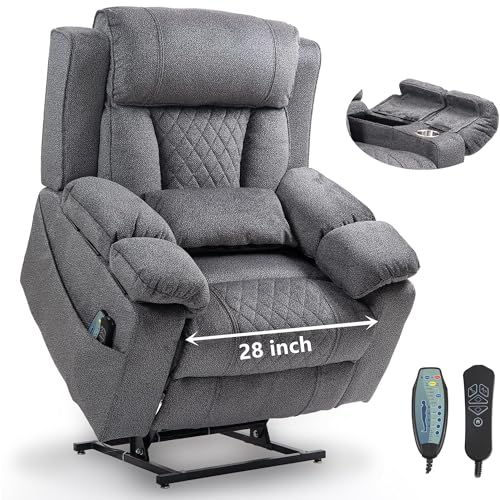 Light Grey Recliner Chair for Elderly | Tall and Big Man 400lbs | Chenille | Power Lift, Lay Flat, Stand Up, Wireless Charging Device, Extended Footrest, Massage Heat, Cup Holder, Lumbar Pillow