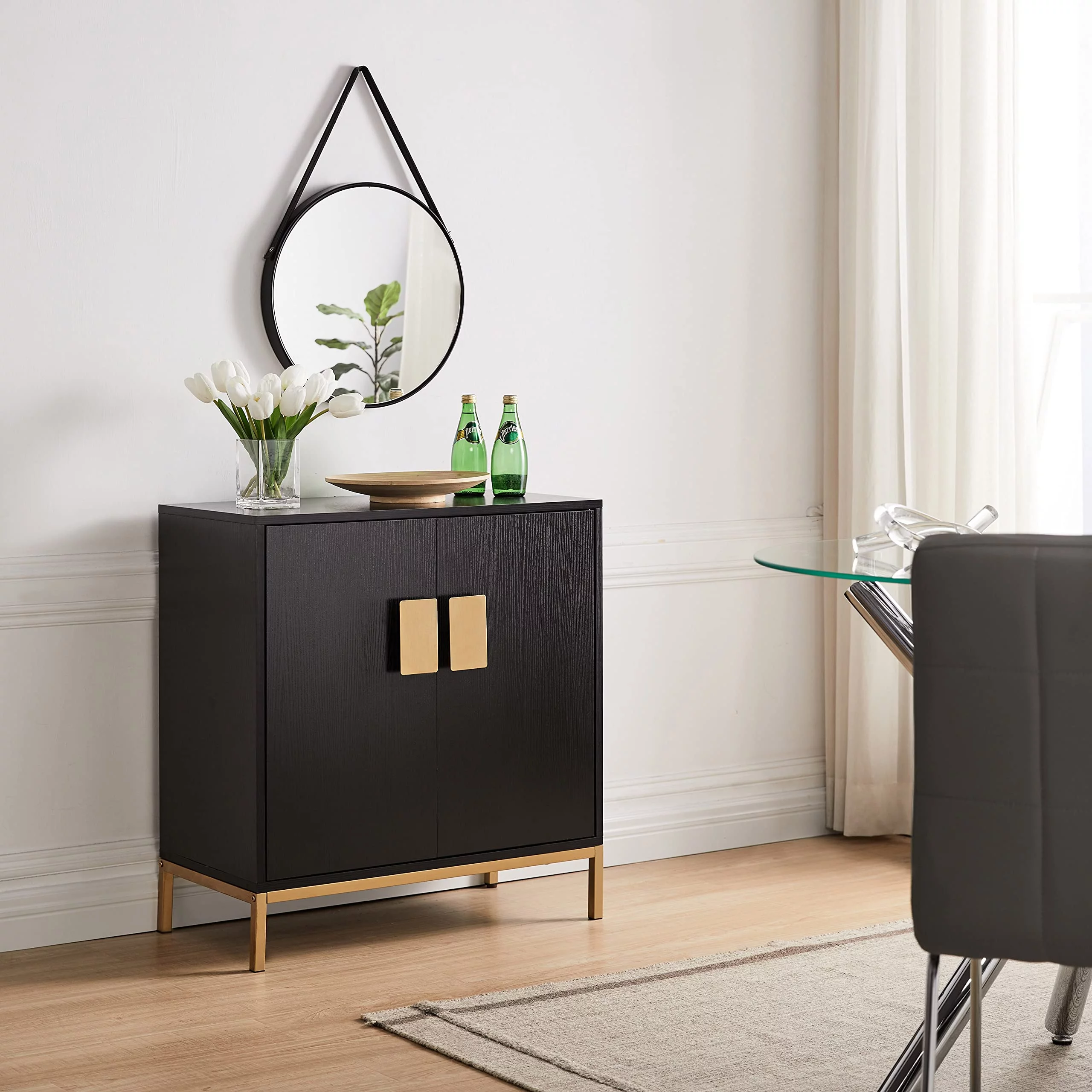 Kings Brand Furniture 2 Door Modern Wood Accent Cabinet for Living Room Dining Room, Black/Gold