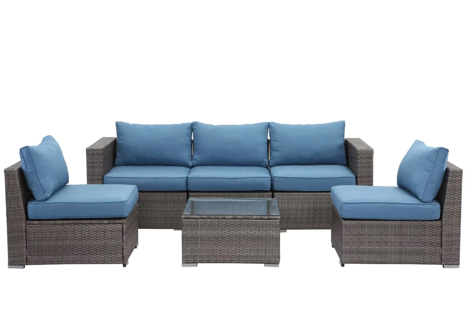 CozyHom 6 Pcs Outdoor Patio Wicker Rattan Furniture Set Sectional Conversation Sofa Set With Coffe Table And Cushions, Blue
