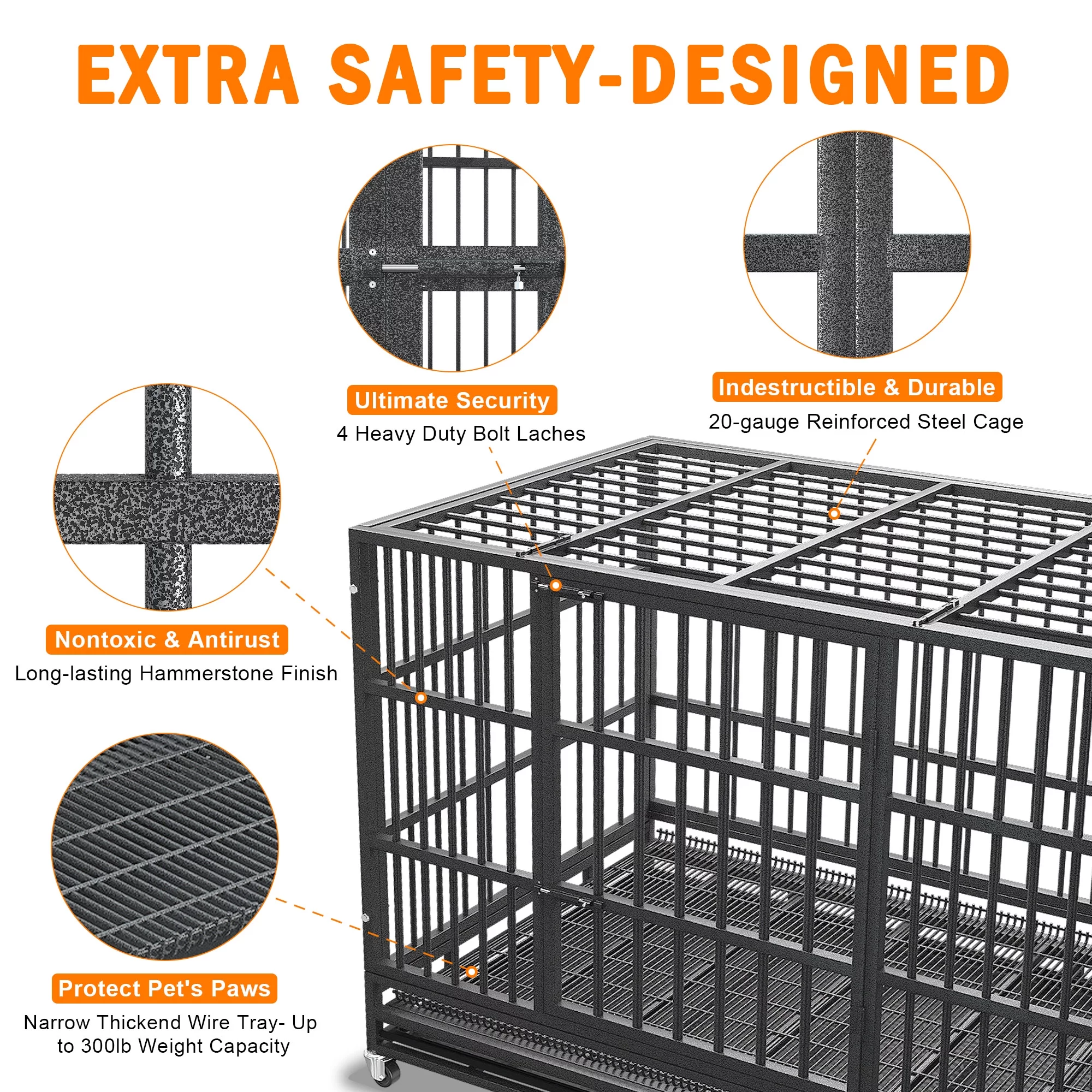 Boldbone 48/38 inch Heavy Duty Indestructible Dog Crate Cage Kennel for Large Dogs, High Anxiety Dog Crate with Removable Crate Trays, Wheels and Double Door, Extra Large XL XXL Escape Proof Dog Crate