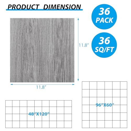 Thicken 36 Sheet Vinyl Flooring 12x12 Peel and Stick Floor Tile Waterproof Clearance Vinyl Floor Tiles Vert Wood Grey Self Adhesive Floor Tiles Sticky Laminate Flooring for Kitchen Basement RV
