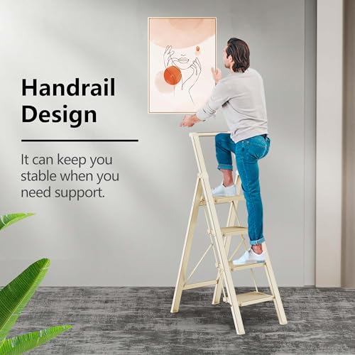 GameGem 2 Step Ladder Portable Folding Step Stool with Anti-Slip Pedal, Lightweight Stepladder Multi-Use for Home and Kitchen, Saving Space, White, 300lbs