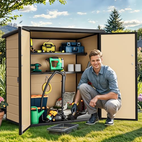 DWVO Outdoor Vertical Storage Shed with 2 Shelves, 49 Cu Ft Waterproof Resin Garden Shed with Floor & Lockable Door, Plastic Tall Tool Cabinet for Garbage Cans, Lawn Equipment, Garden Supplies (Gray)