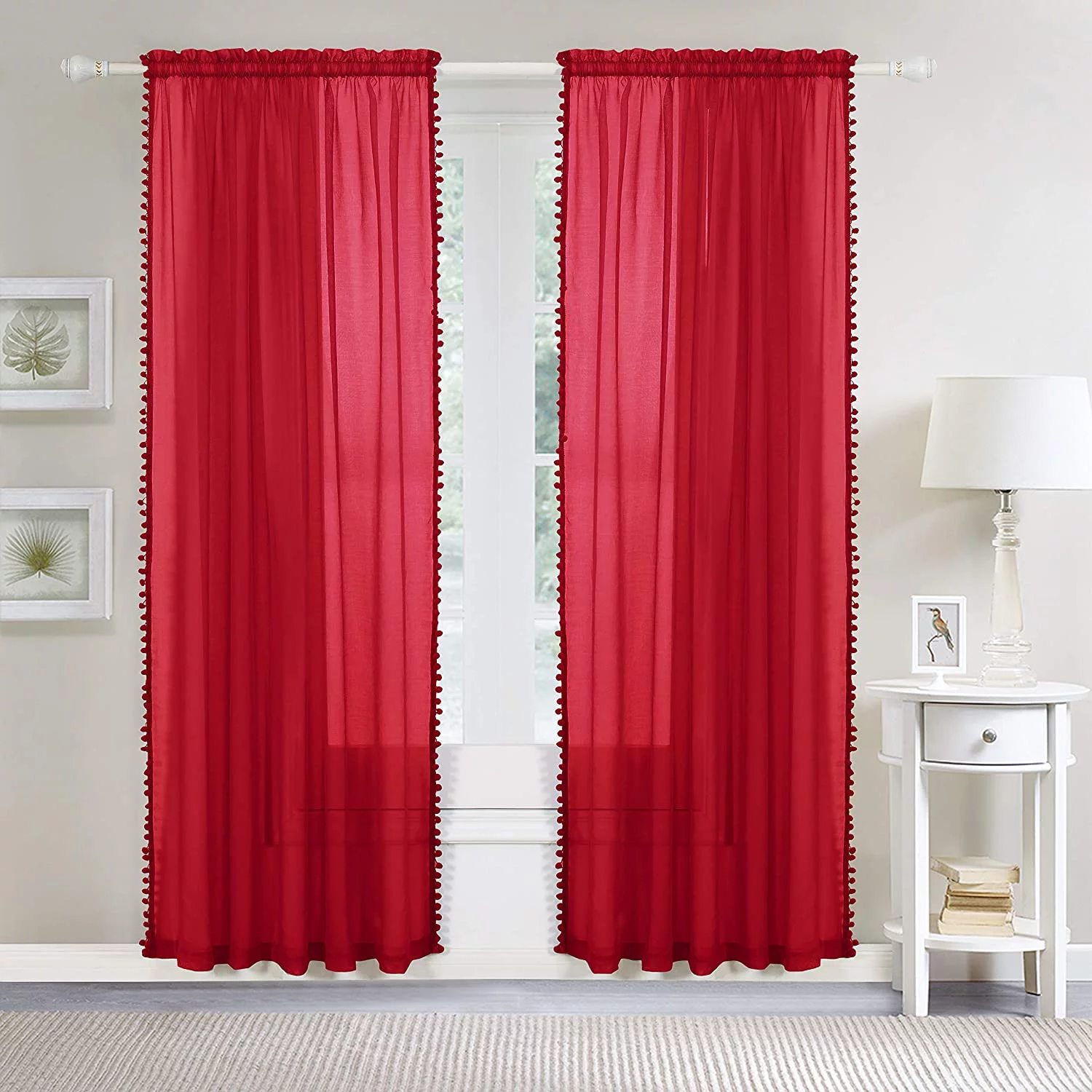 Elegant Comfort Semi-Sheer Curtains with Pom Pom Tassels - 2 Piece Set - 2 inch Rod Pocket - Solid Sheer Curtain Drapes for Living Room, Bedroom, 60 X 84, Red