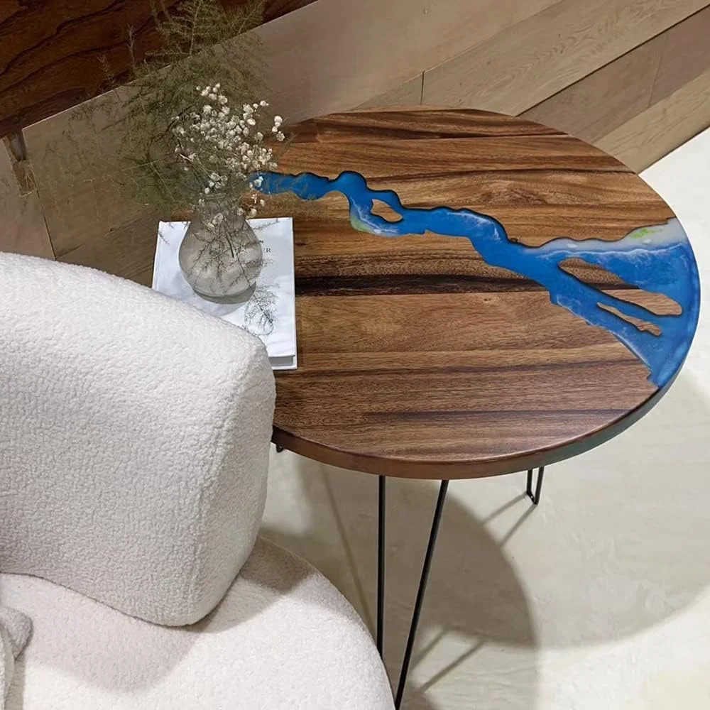 Round Coffee Table Pure Handmade Teak Wood Resin Furniture For Home Decor, Teak Resin Coffee Round Table, Round Kitchen Table, For Home, Balcony, Office, Farmhouse And Living Room
