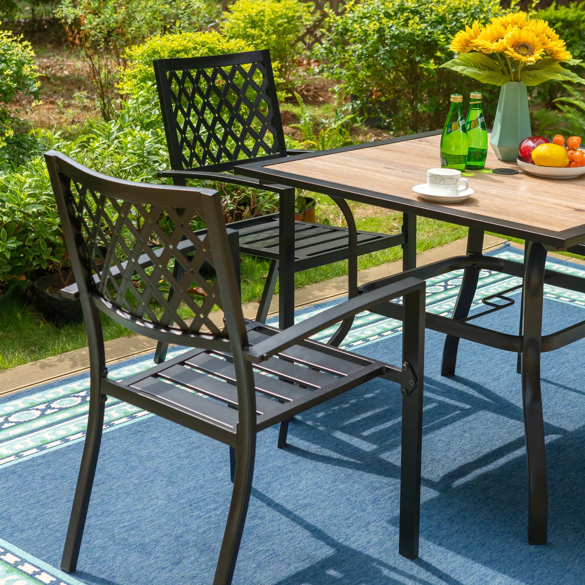 MF Studio 5-Piece Outdoor Patio Dining Set Modern Steel Furniture with 4 Slatted Armchairs and 1 Square Wood-like Table, Black