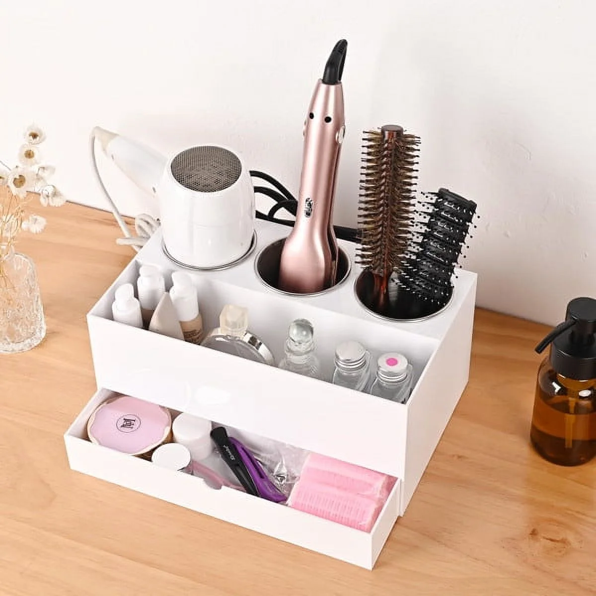 2-Tier Hair Tool Organizer Wall Mount,Organize Hair Tools with 3 Removable Cups,Versatile Storage Space for Home Bathroom, Hair Salon, Beauty Center