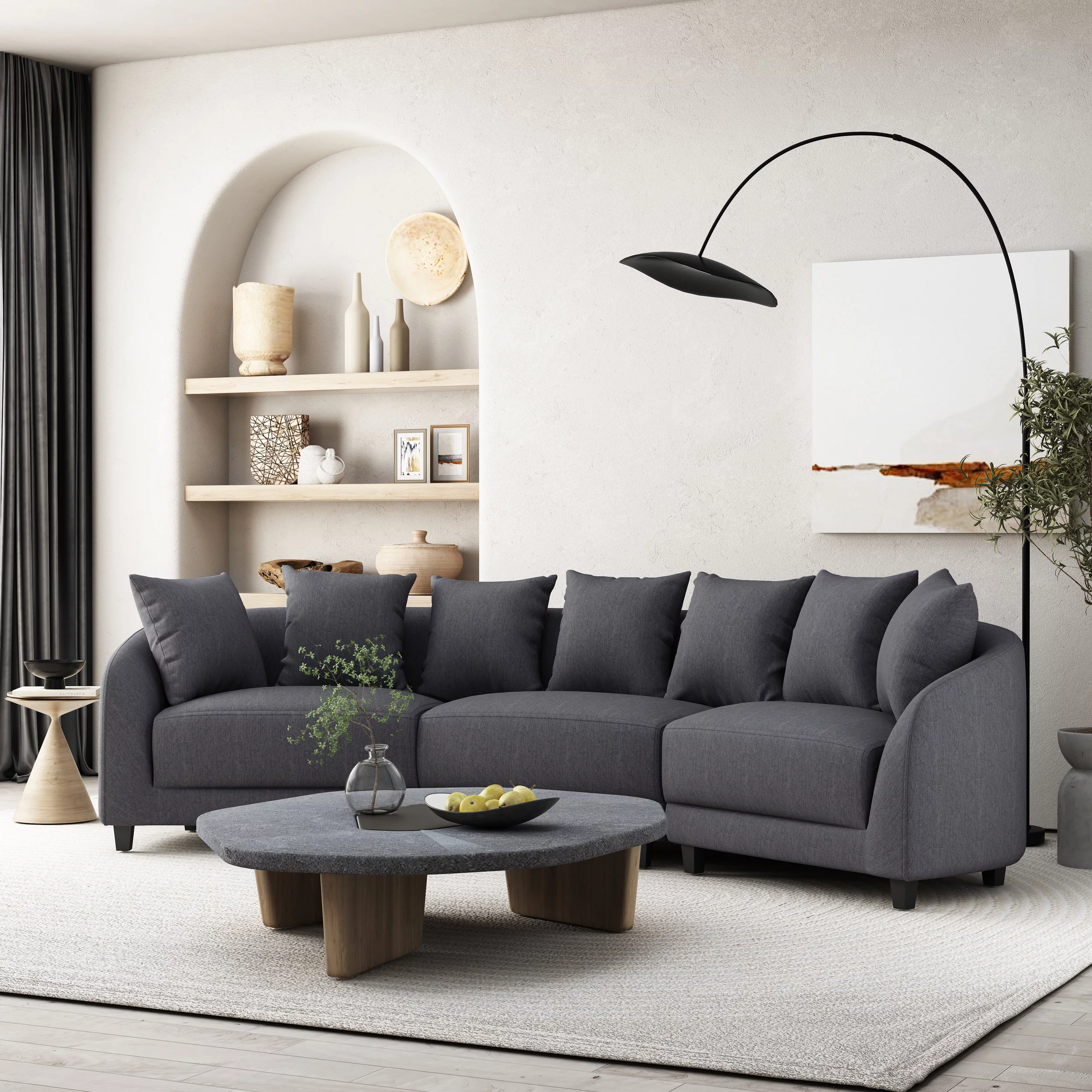 McCardell Contemporary Fabric 3 Seater Curved Sectional Sofa, Charcoal and Dark Brown