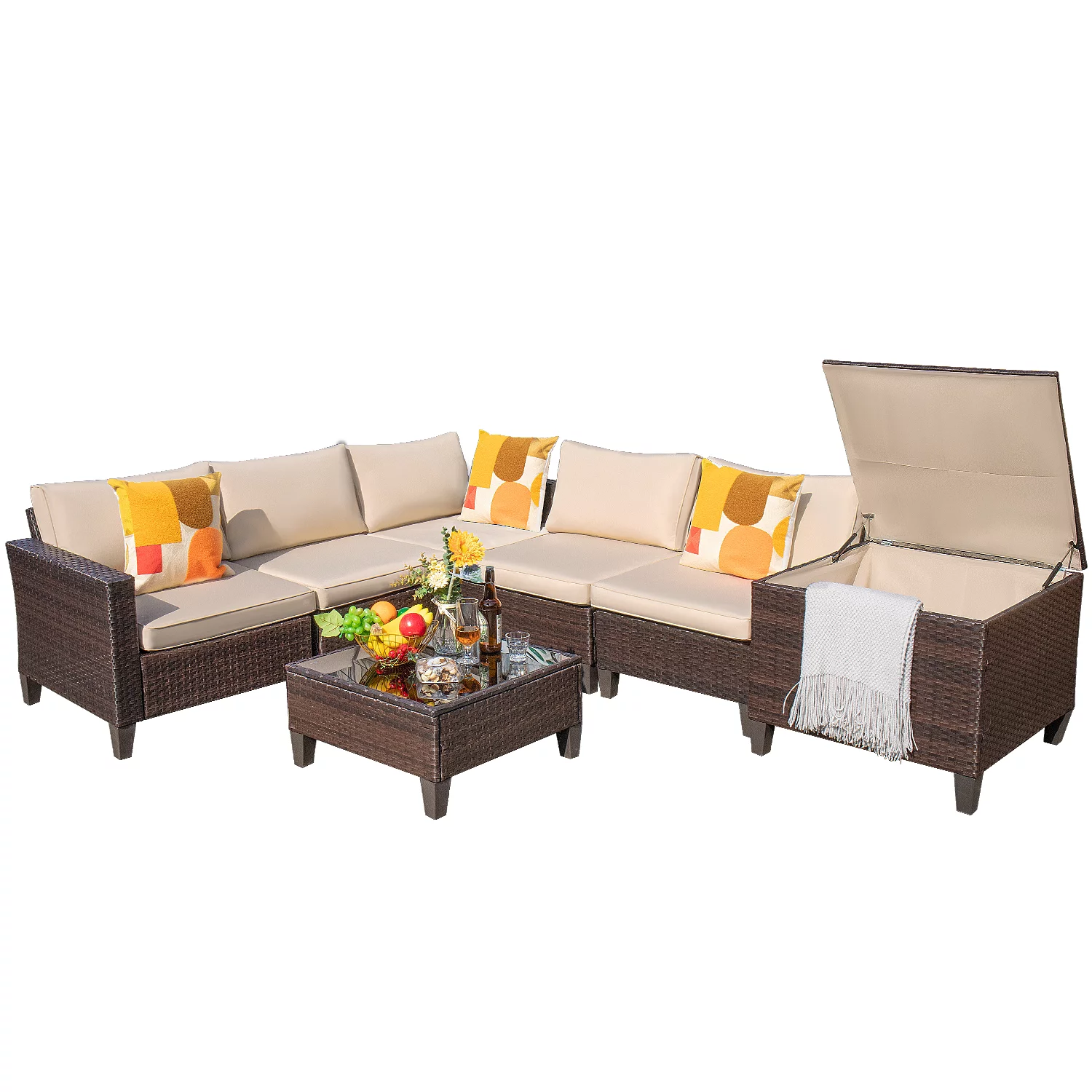 Lacoo 7 Pieces Patio Conversation Set Outdoor Wicker Rattan Sectional Sofa Sets Outdoor Furniture Set with Storage Box