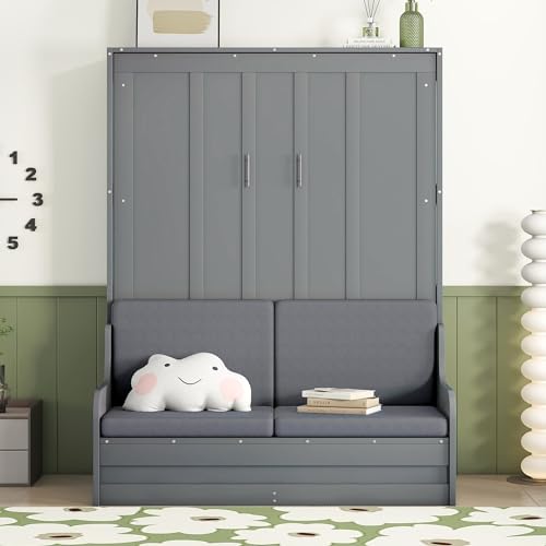 Merax Queen Size Murphy Bed, Wooden Queen Murphy Bed Wall Bed with Cushion, for Home Office or Small Room, Gray