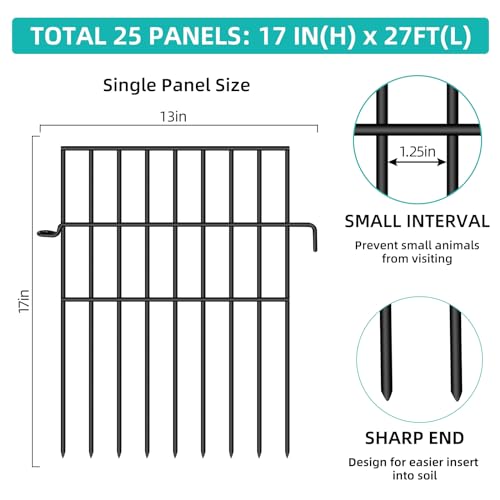Animal Barrier Fence, 25 Panels No Dig Fences, 17in(H) X 27ft(L) Garden Fence Animal Barrier for Rabbits and Dog Under Fence Barrier, Rustproof Metal Fences Border for Outdoor, Yard, Patio