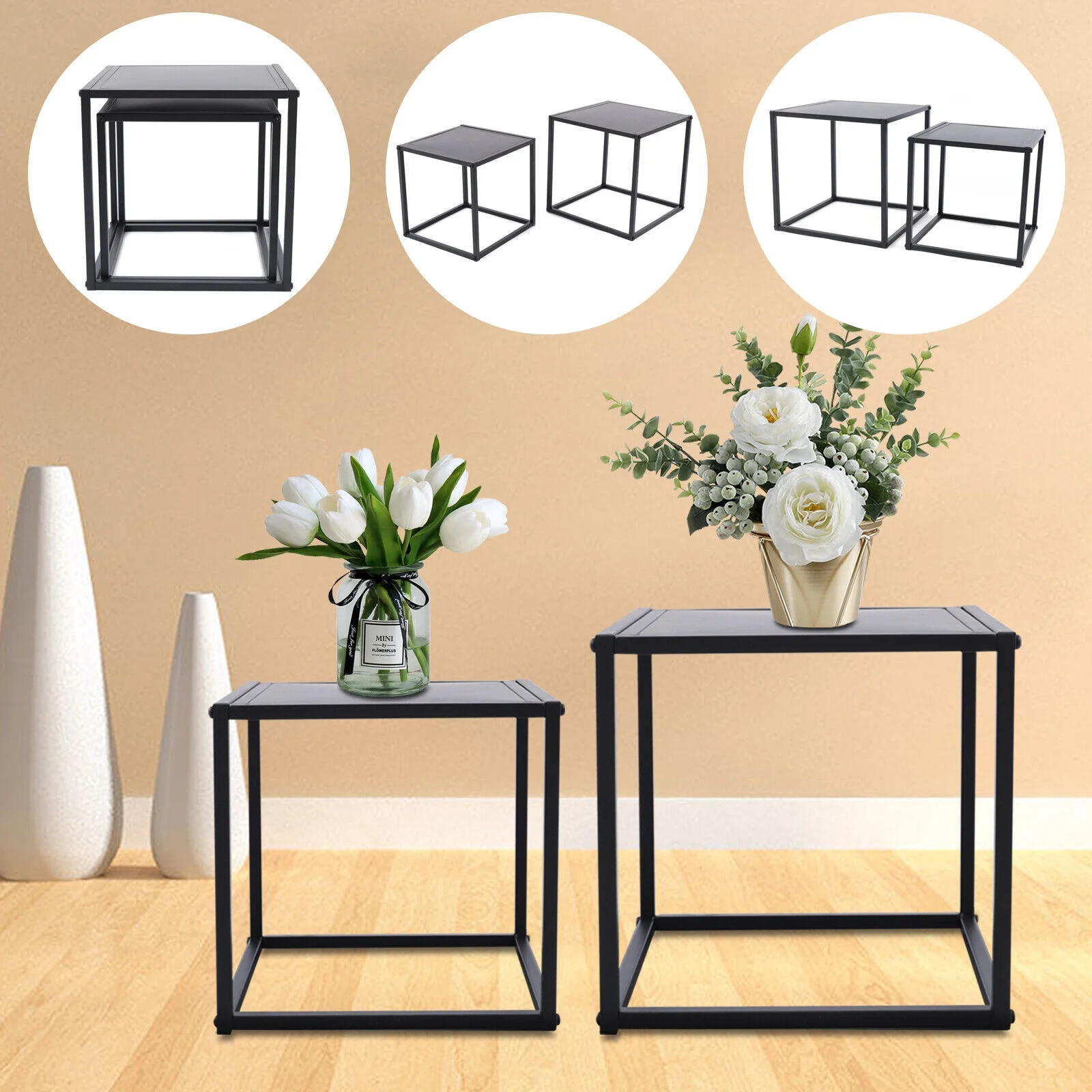 2Pcs Modern Square Metal Coffee Table Side Table End Table Matt Black Home Office