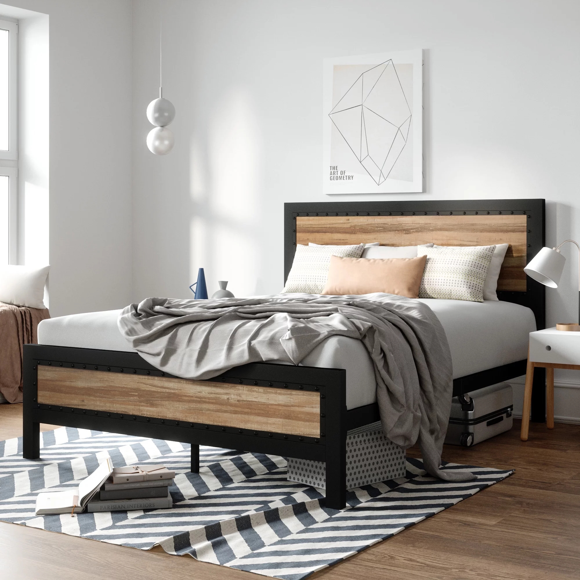 Sha Cerlin Queen Heavy Duty Metal Platform Bed Frame with Rivet Wood Headboard, Light Brown