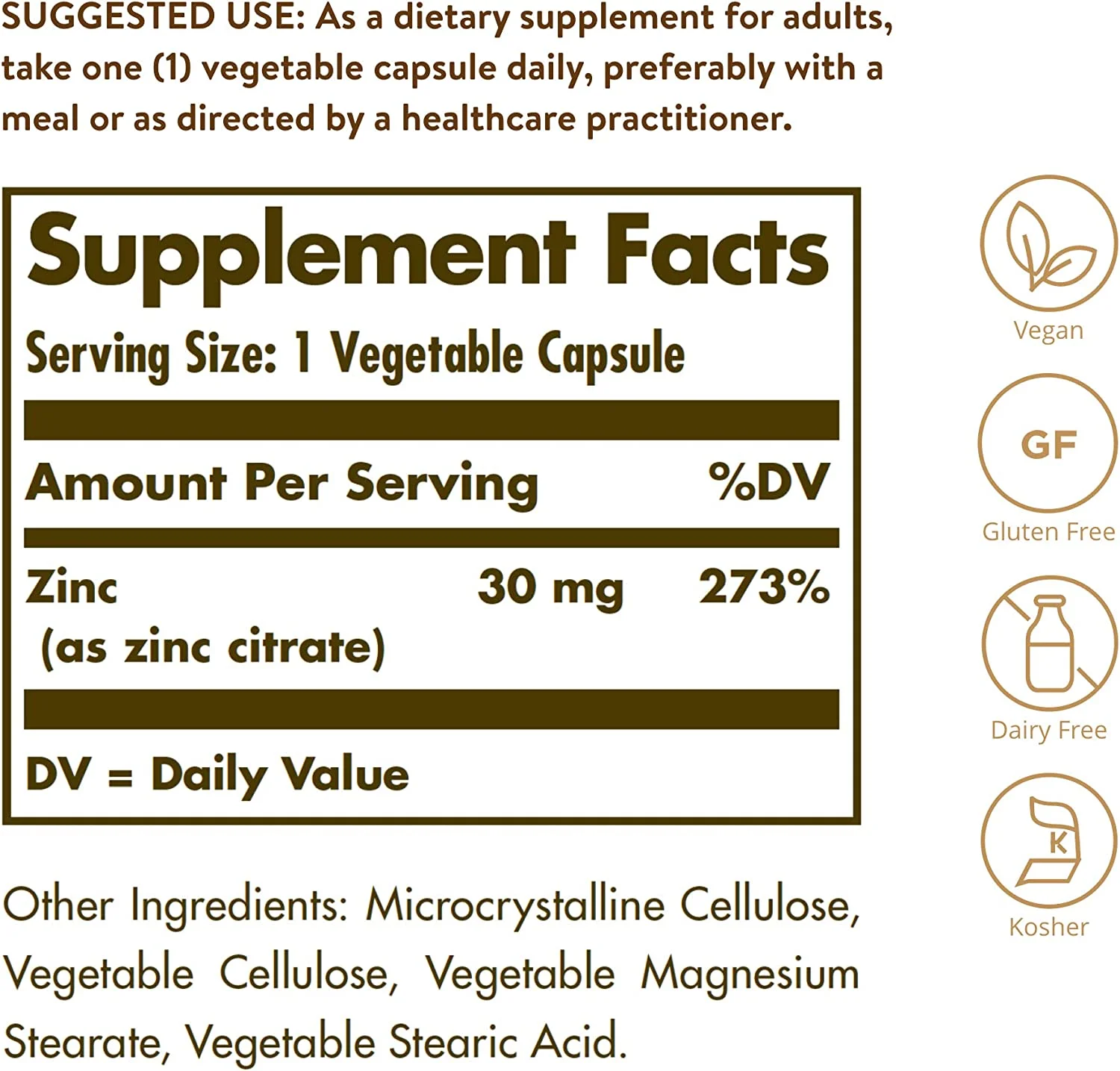 Solgar Zinc Citrate 30 mg, 100 Vegetable Capsules - Zinc for Healthy Skin, Taste & Vision - Immune System & Antioxidant Support - Citrate Form for Optimal Absorption - Non GMO, Vegan - 100 Servings