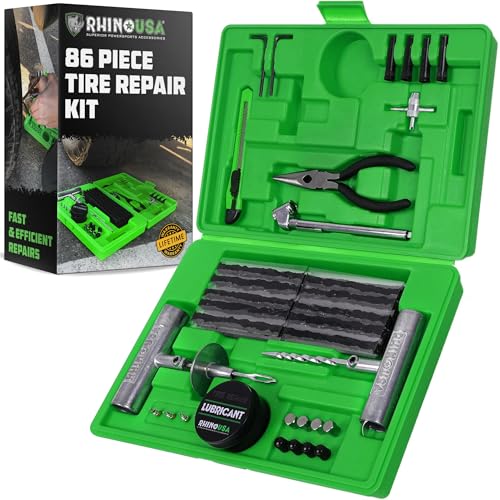 Rhino USA Tire Repair Kit (86-Piece) Professional Heavy Duty Tire Plug Kit to Fix Punctures & Patch Flats with Ease - Ultimate Tubeless Tire Repair Tools for Car, Motorcycle, ATV, UTV, RV and Trailer