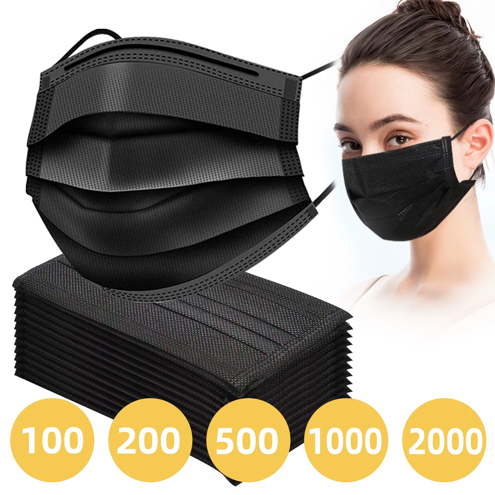 2000 Pack USA Made Disposable Face Masks Black, 3 Ply Breathable Protection Mask