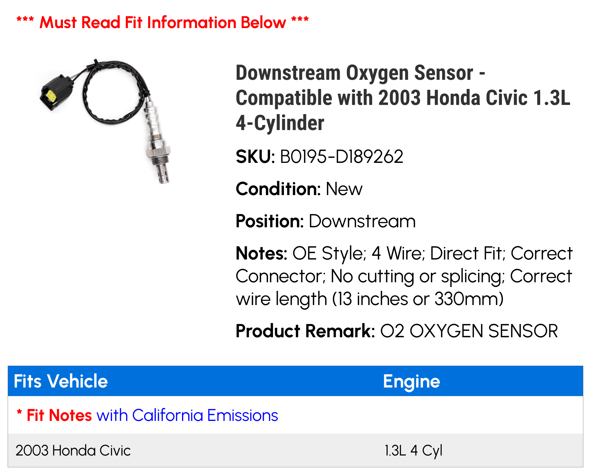 Downstream Oxygen Sensor - Compatible with 2003 Honda Civic 1.3L 4-Cylinder